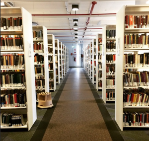 A picture of books in a library